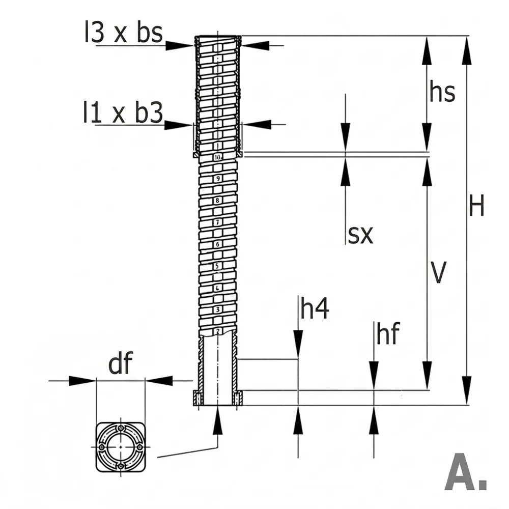 Dibujo técnico: Insertos niveladores para tubo cuadrado 40x40 – gran rango de ajuste