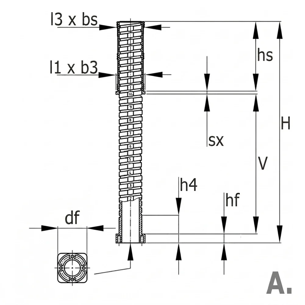 Plano acotado Regulador de altura para tubo cuadrado PA-GF 40x40x2mm - rango de ajuste 0-100mm - Negro