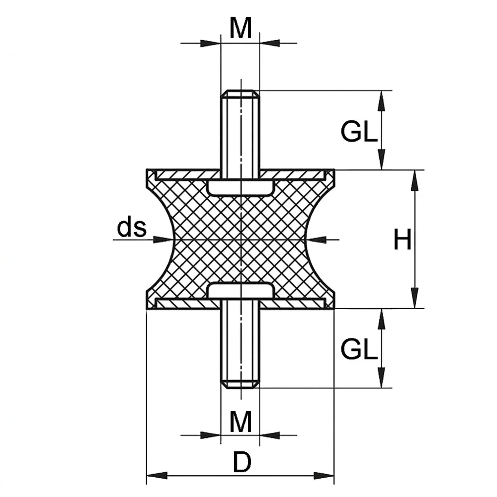 Plano acotado Soporte antivibratorio entallado tipo A NR - 55° ±5 shore - Ø20-40mm - H=48mm - 2x M8x23mm - St37 - Acero 37