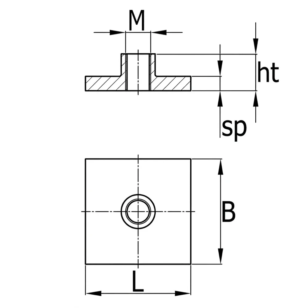 Dibujo técnico: Placa soldable cuadrada con rosca de acero inoxidable