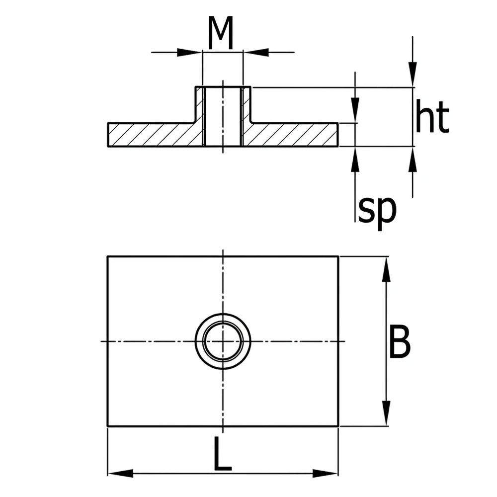 Plano acotado Placa soldable rectangular 80x40mm - Acero inoxidable A2 (AISI 304) - con rosca M12