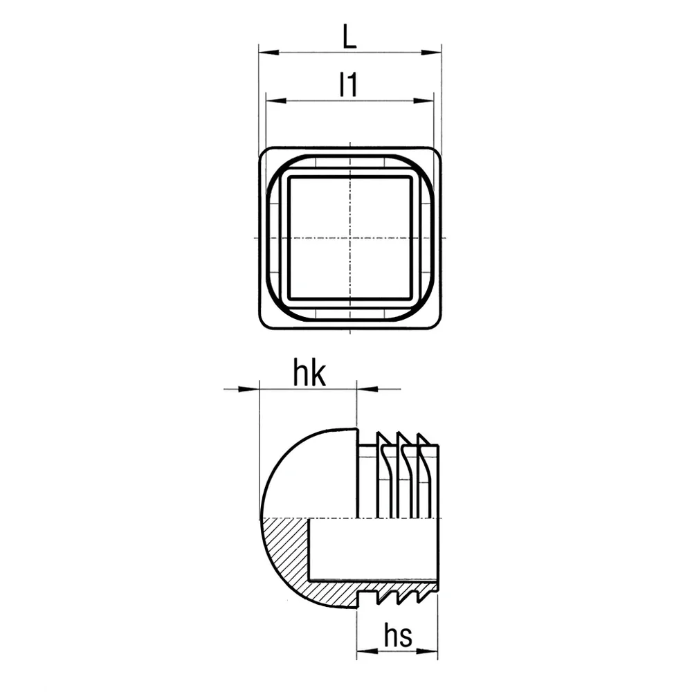 Plano acotado Contera cuadrada con aletas PE 20x20x9 - base redondeada - Negro