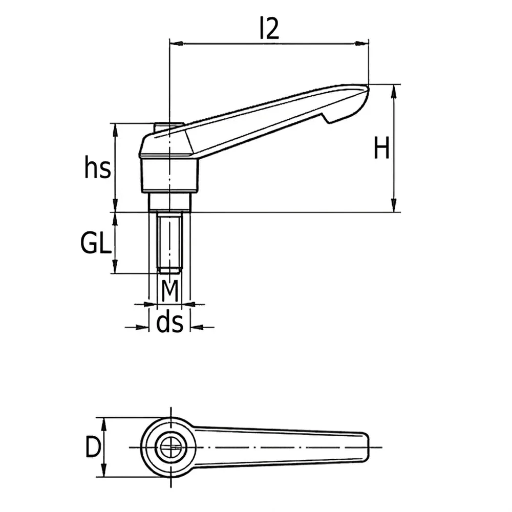 Dibujo técnico: Maneta ajustable de zinc - rosca macho