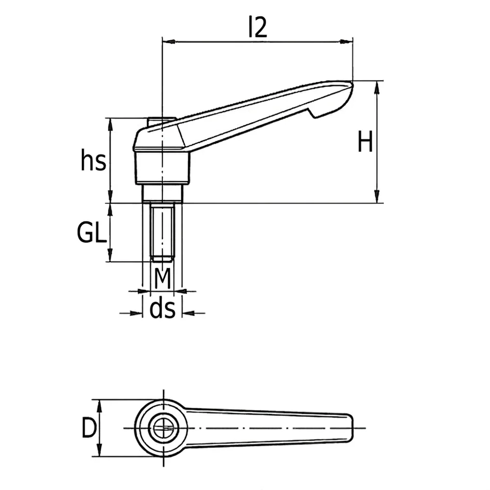 Plano de dimensiones Maneta ajustable de zinc - rosca macho
