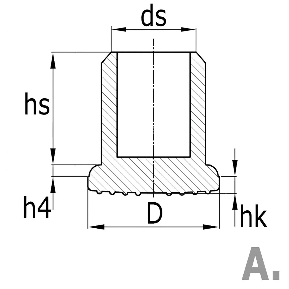 Plano acotado Contera redonda con aletas PE Ø23mm - 1.0-1.5mm - base agrandada Ø36mm - Negro