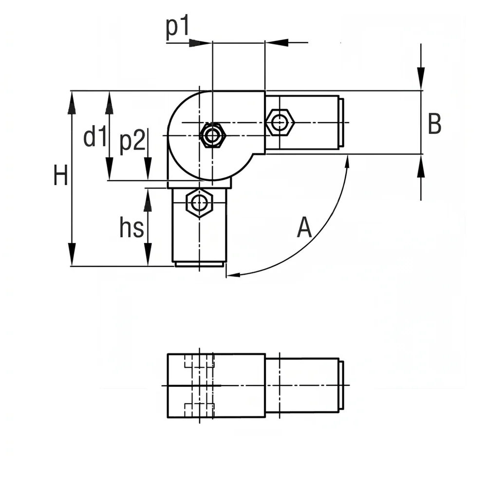 Plano de dimensiones Conector para tubo de dos piezas, modelo 2D2 - con bisagra