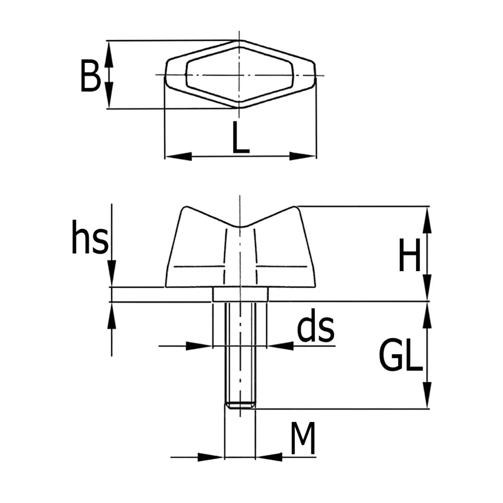 Dibujo técnico: Tuerca de mariposa modelo 1 – PA – rosca macho