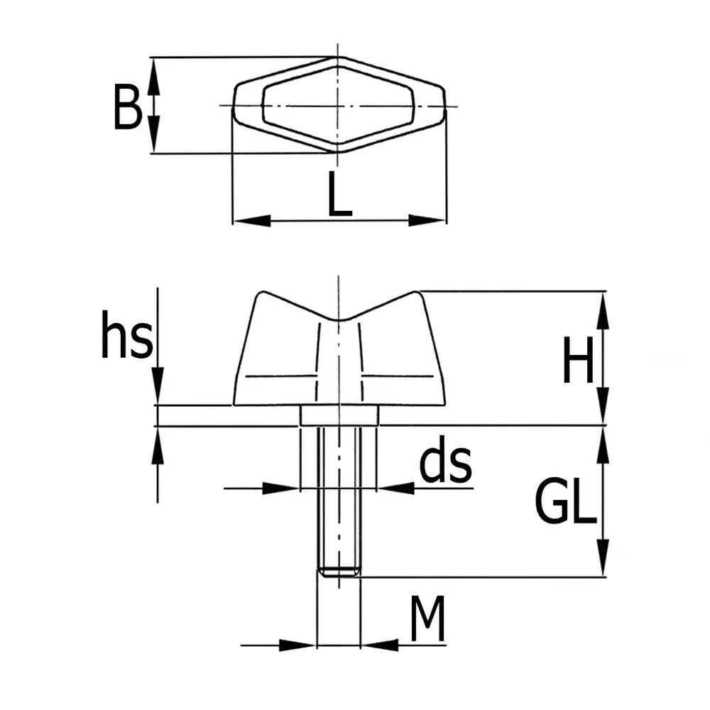 Plano de dimensiones Tuerca de mariposa modelo 1 – PA – rosca macho