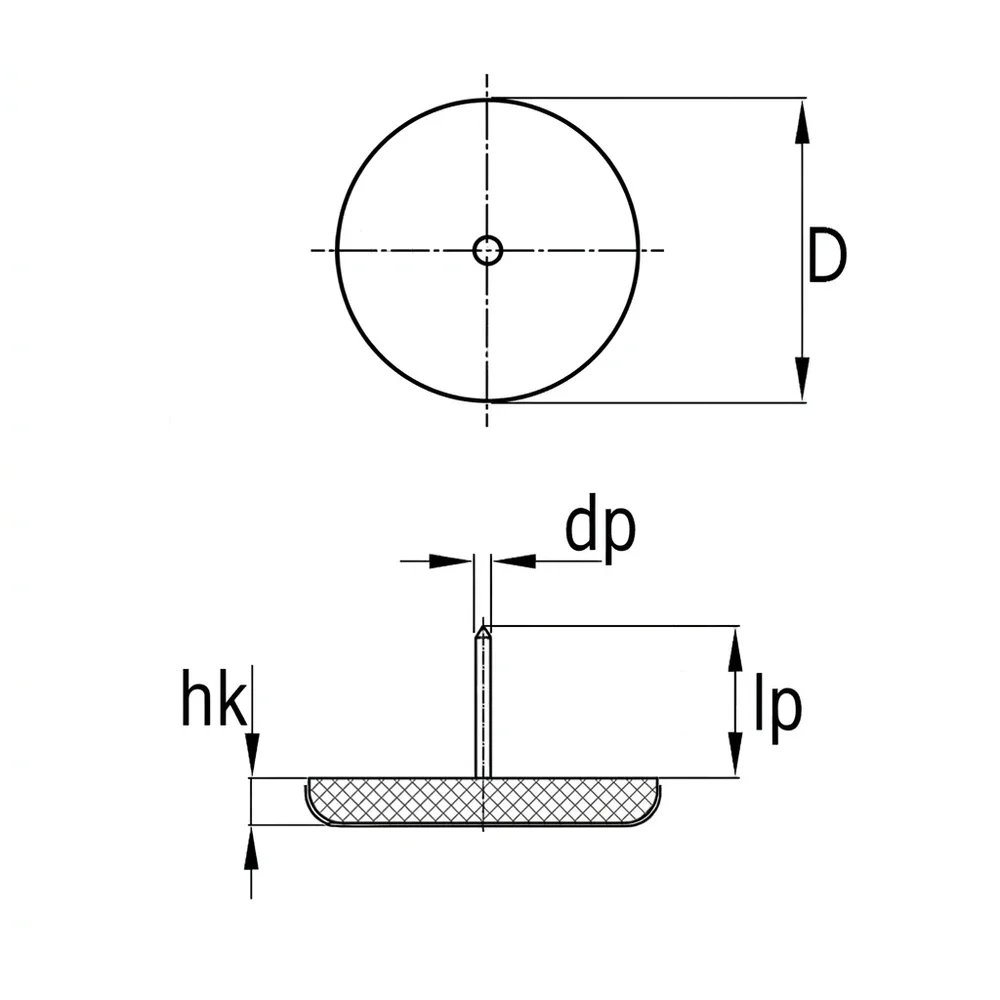 Plano de dimensiones Tope deslizador con base de teflón - con clavo