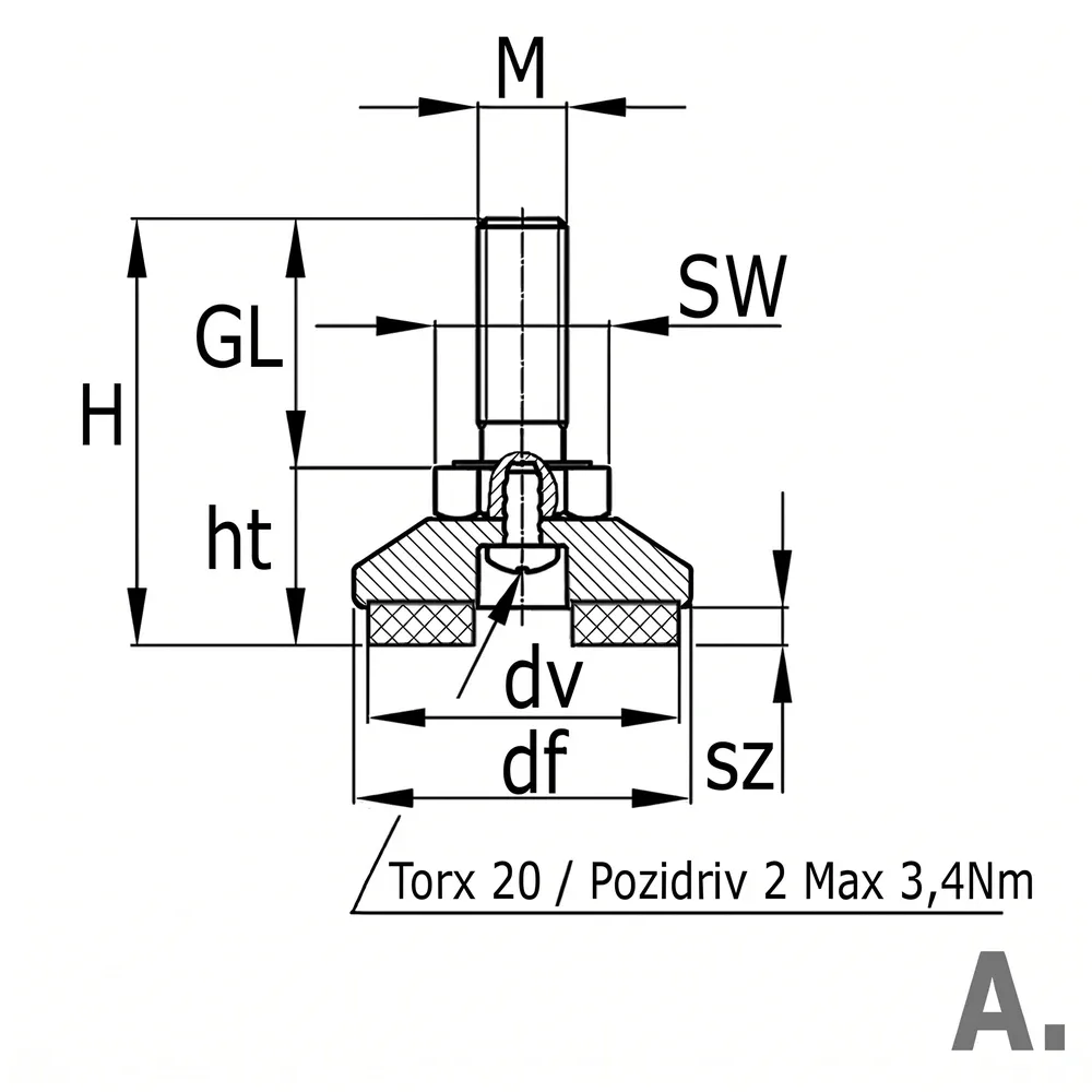 Dibujo técnico: Pie nivelador antideslizante con base fija o articulada