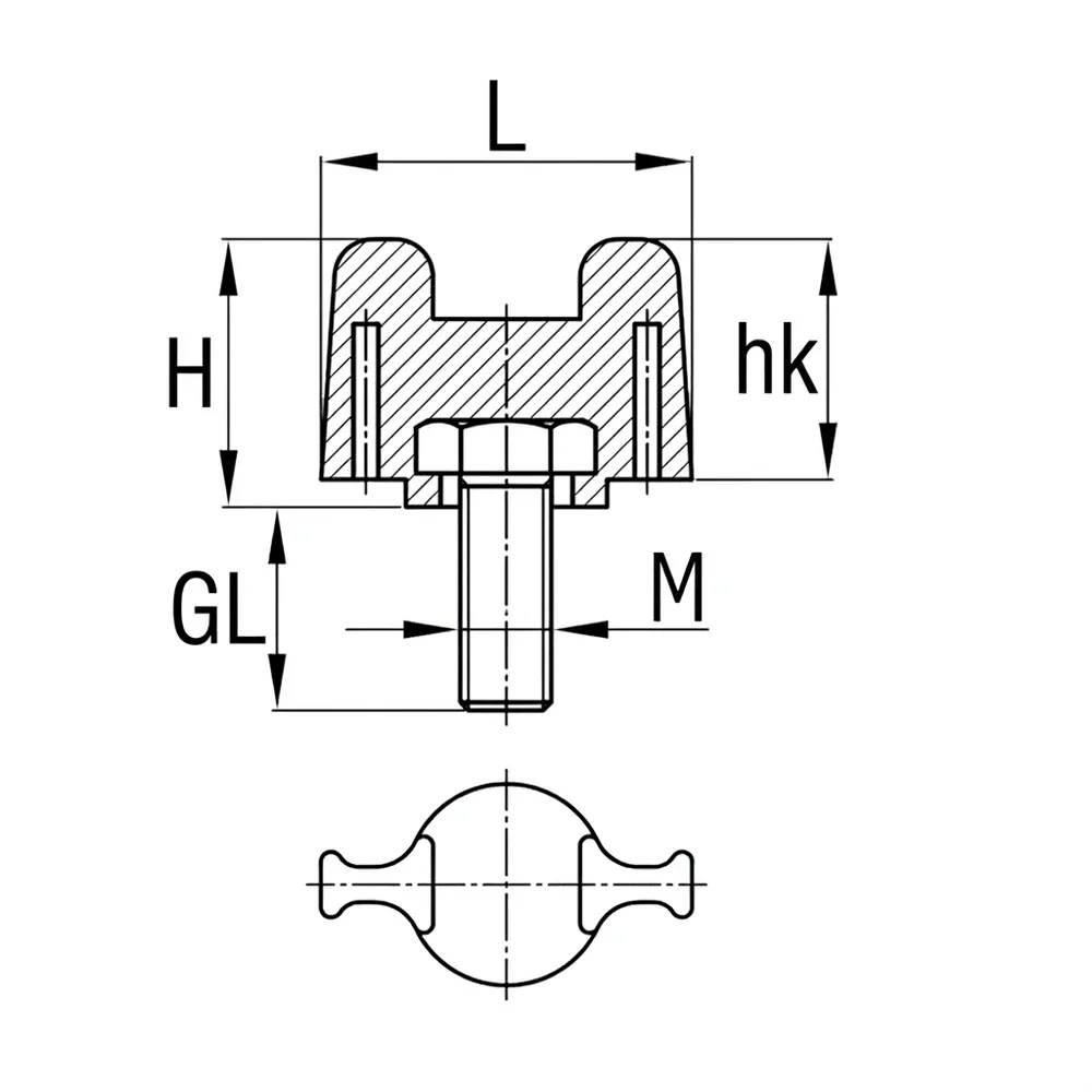Dibujo técnico: Tornillo de mariposa modelo 2 – PA – rosca macho metálica