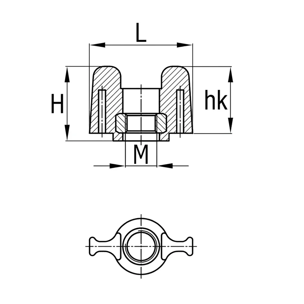 Plano de dimensiones Tuerca de mariposa modelo 2 - PA - rosca hembra