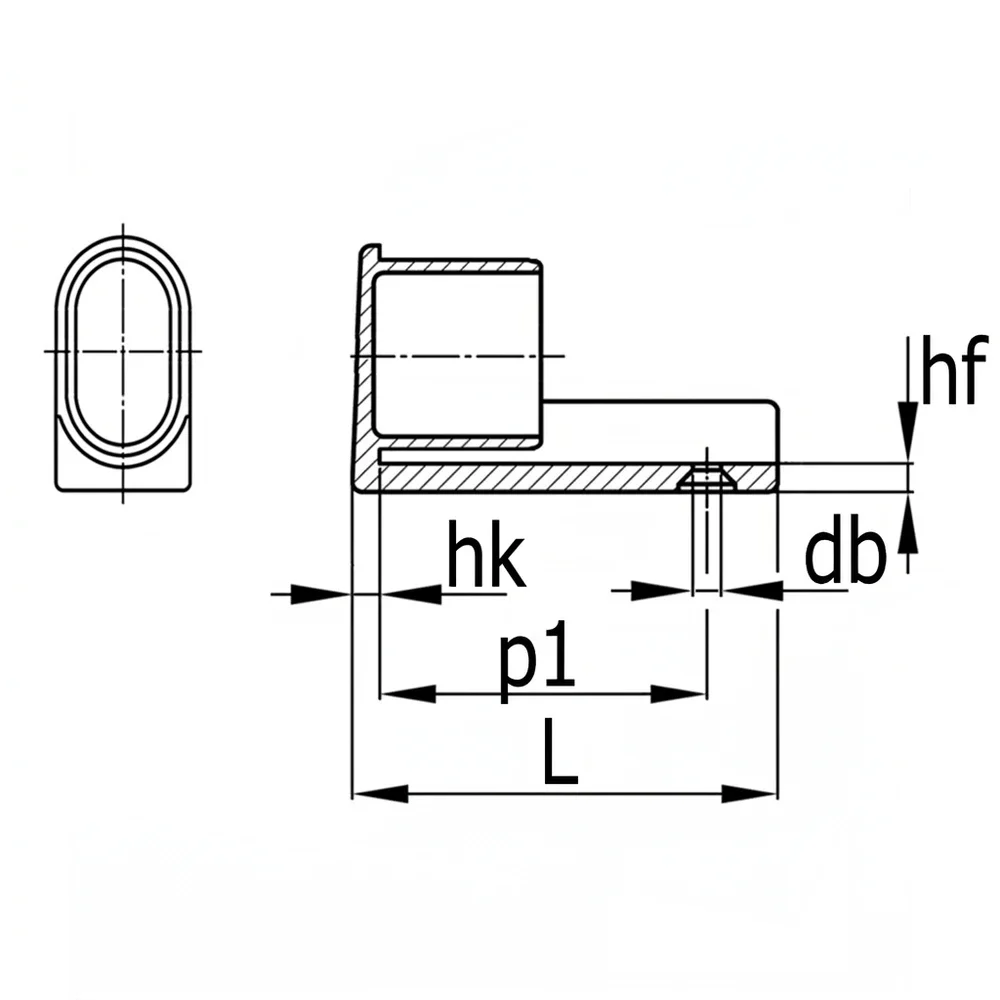 Plano de dimensiones Conteras tope transversal para tubo ovalado plano