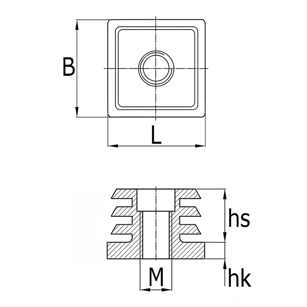 Plano acotado Contera cuadrada con aletas y casquillo roscado PA 30x30mm - 1.5-2.0mm - M12 - Negro