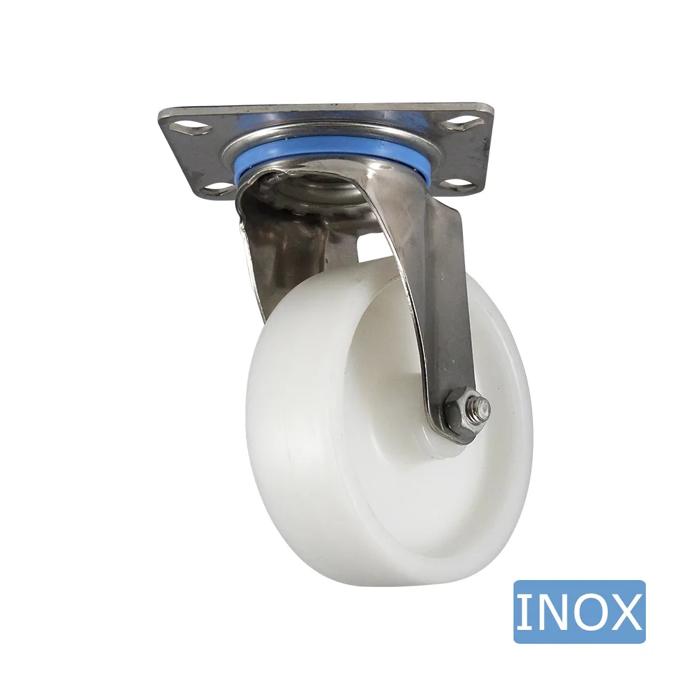 Rueda giratoria PA Ø125mm - banda de rodadura azul Plástico - Cojinete de deslizamiento - Fijación de placa 95x80mm - Acero inoxidable A2 (AISI 304) imagen 3