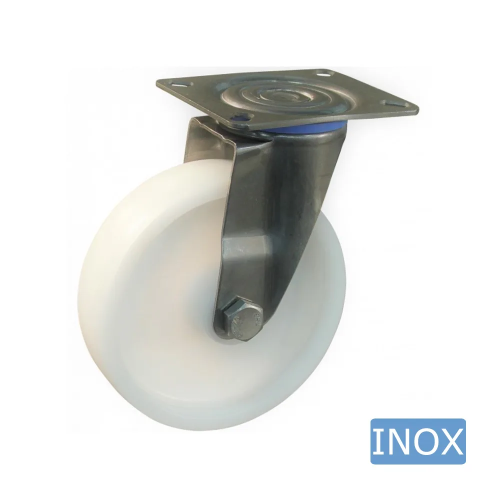 Rueda giratoria PA Ø125mm - banda de rodadura azul Plástico - Cojinete de deslizamiento - Fijación de placa 95x80mm - Acero inoxidable A2 (AISI 304)