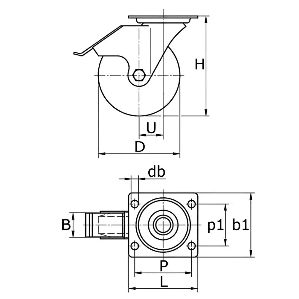 Dibujo técnico: Rueda nylon giratoria con freno con placa superior -horquillas de acero inoxidable