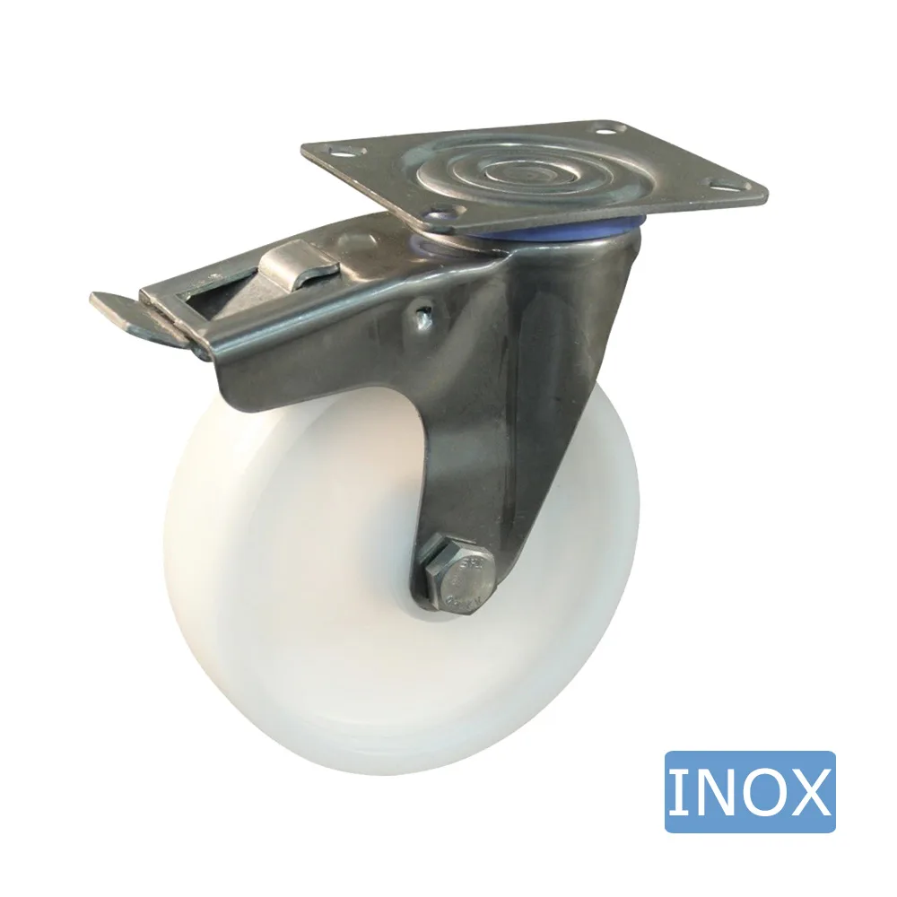 Rueda giratoria PA Ø125mm - banda de rodadura azul Plástico - Cojinete de deslizamiento - Fijación de placa 95x80mm - Acero inoxidable A2 (AISI 304)