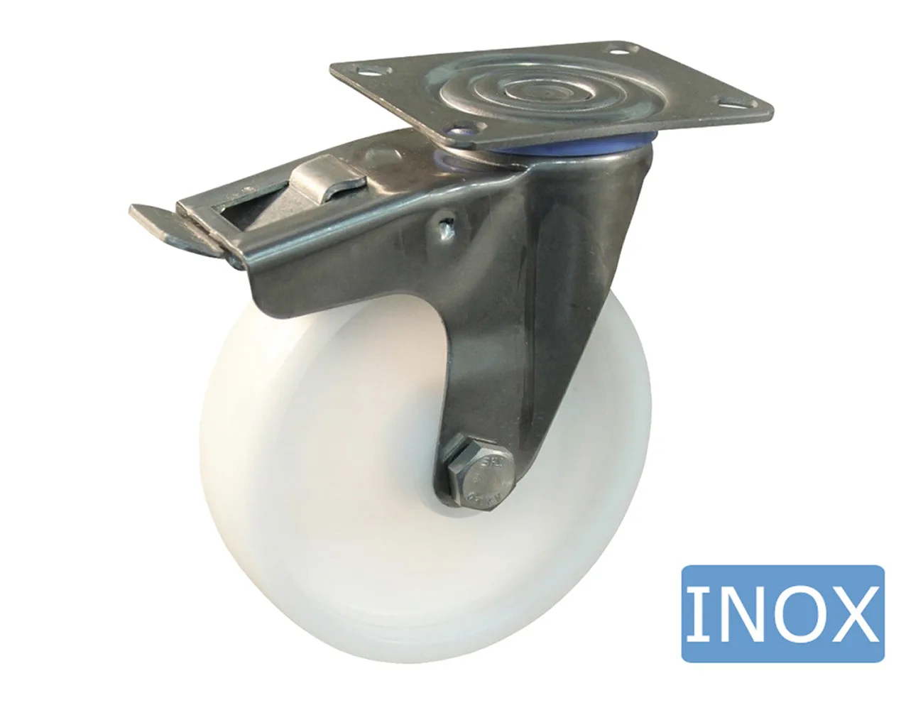 Rueda nylon giratoria con freno con placa superior -horquillas de acero inoxidable – Ruedas nylon - 800kg - horquillas de acero inoxidable