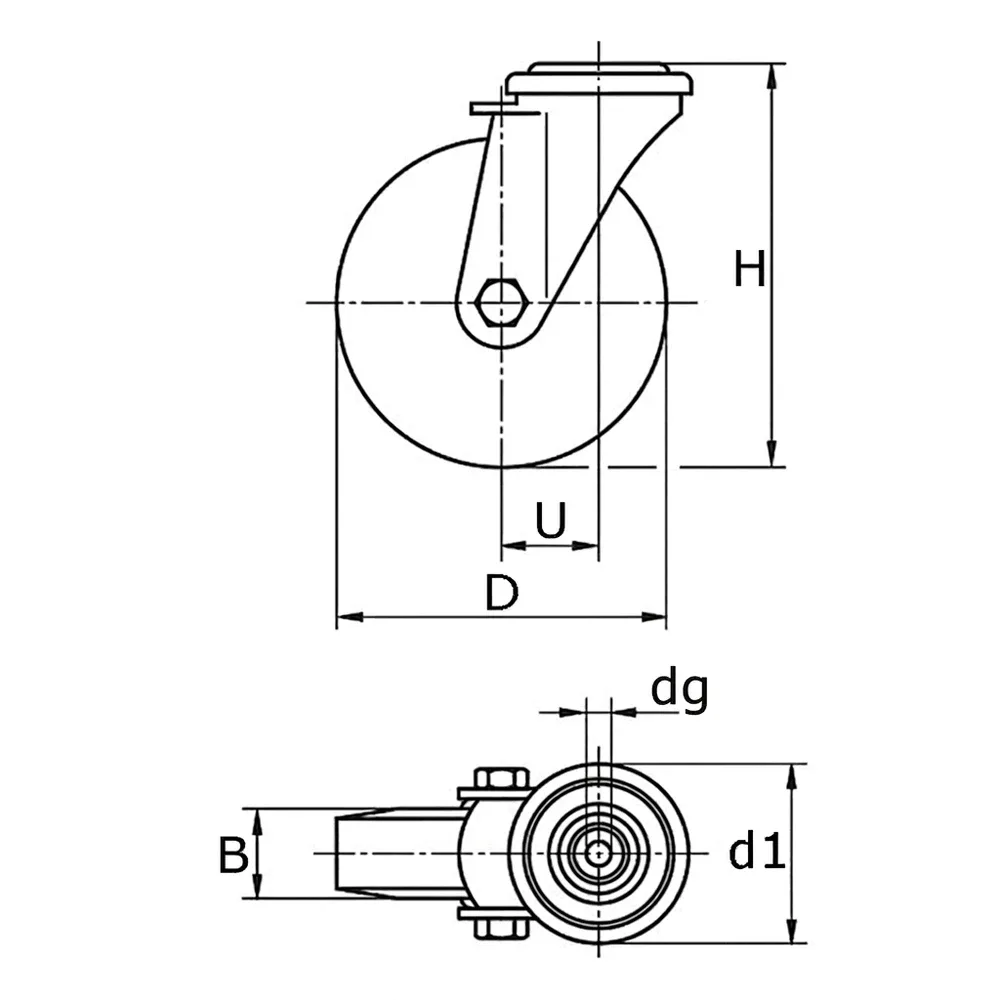 Dibujo técnico: Rueda nylon giratoria con agujero central - horquillas de acero inoxidable