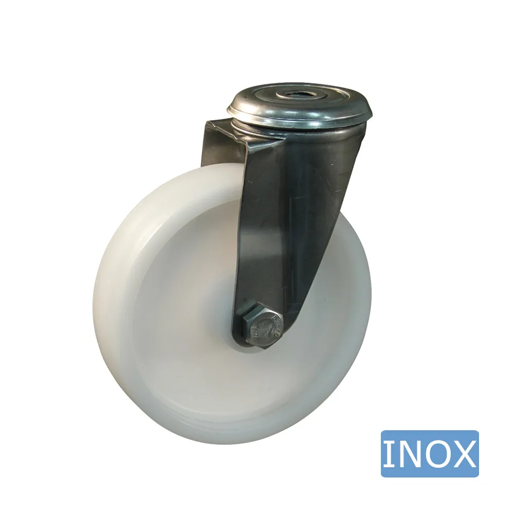 Rueda giratoria PA Ø100mm - banda de rodadura azul Plástico - Rodamiento de rodillos - Agujero de perno Ø12mm - Acero inoxidable A2 (AISI 304)