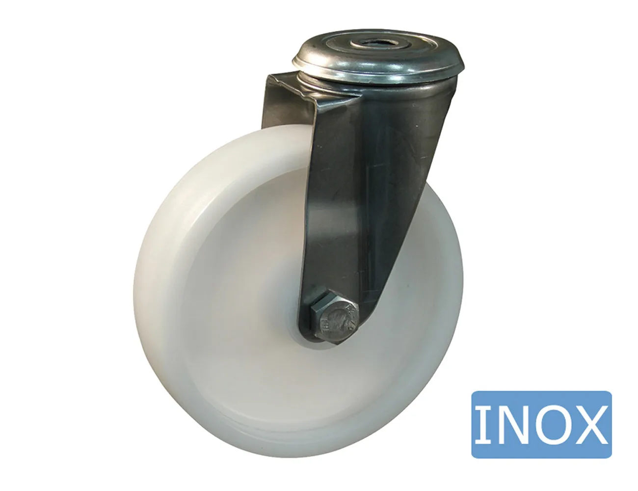 Rueda nylon giratoria con agujero central - horquillas de acero inoxidable – Ruedas nylon - 800kg - horquillas de acero inoxidable