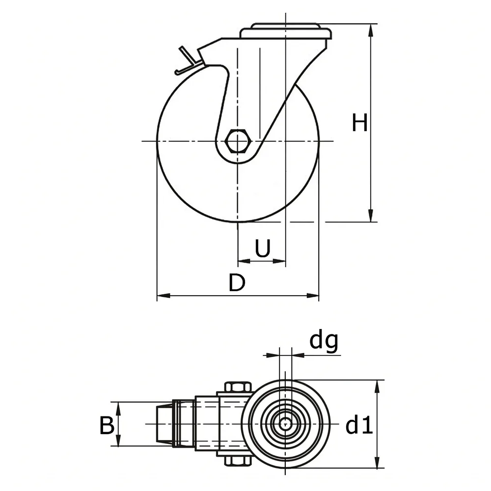 Dibujo técnico: Rueda nylon giratoria con freno y agujero central - horquillas de acero inoxidable