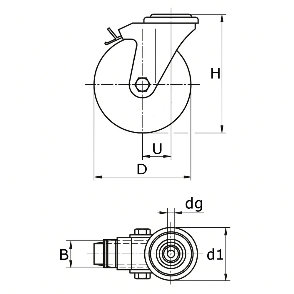 Plano acotado Rueda giratoria con freno PA Ø150mm - banda de rodadura azul Plástico - Rodamiento de rodillos - Agujero de perno Ø16mm - Acero inoxidable A2 (AISI 304)
