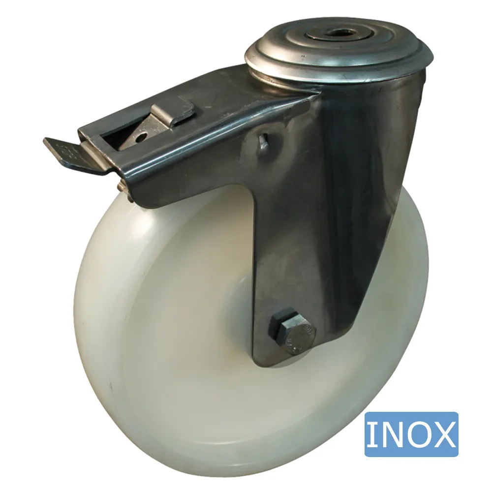 Rueda giratoria con freno PA Ø150mm - banda de rodadura azul Plástico - Rodamiento de rodillos - Agujero de perno Ø16mm - Acero inoxidable A2 (AISI 304) imagen 3