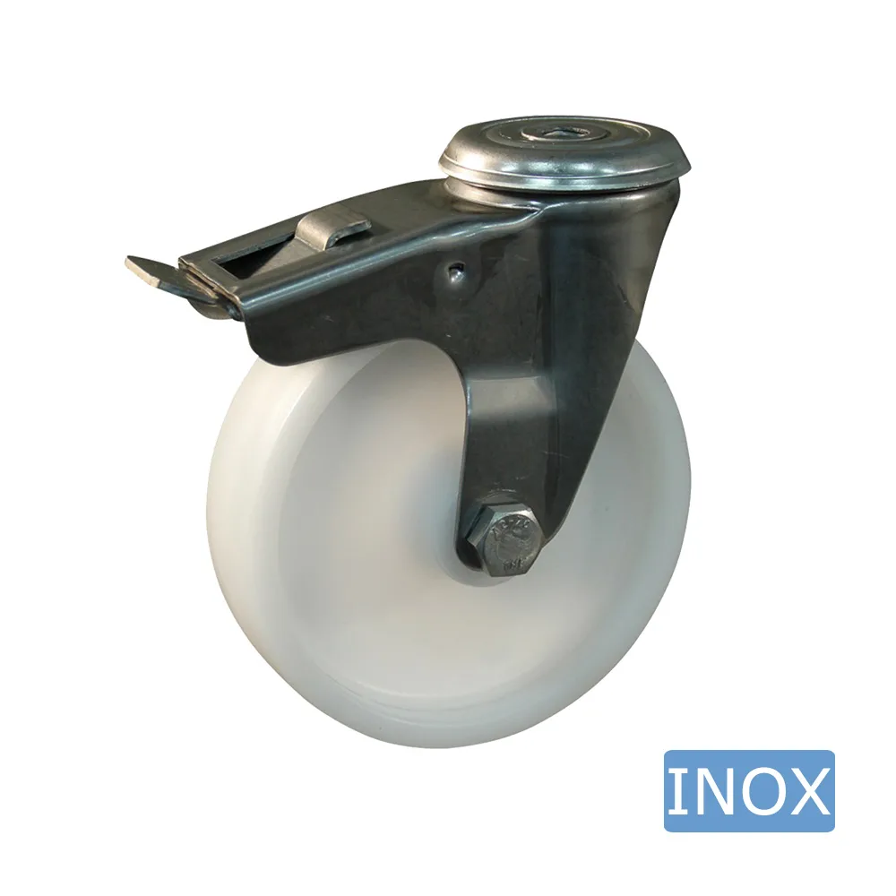 Rueda giratoria con freno PA Ø150mm - banda de rodadura azul Plástico - Rodamiento de rodillos - Agujero de perno Ø16mm - Acero inoxidable A2 (AISI 304)