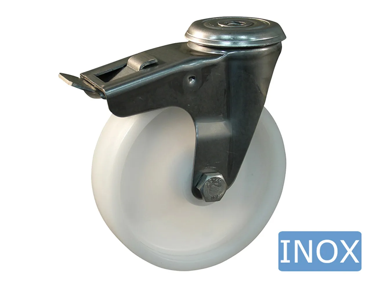 Rueda nylon giratoria con freno y agujero central - horquillas de acero inoxidable – Ruedas nylon - 800kg - horquillas de acero inoxidable
