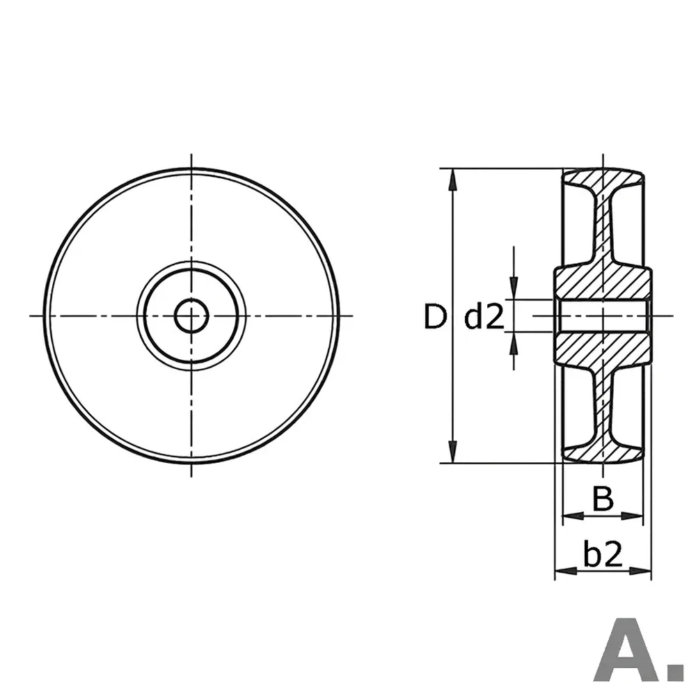 Dibujo técnico: Rueda de nylon - rodamiento liso o de rodillos