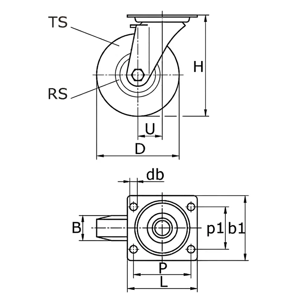 Dibujo técnico: Rueda de carretilla giratoria con placa superior