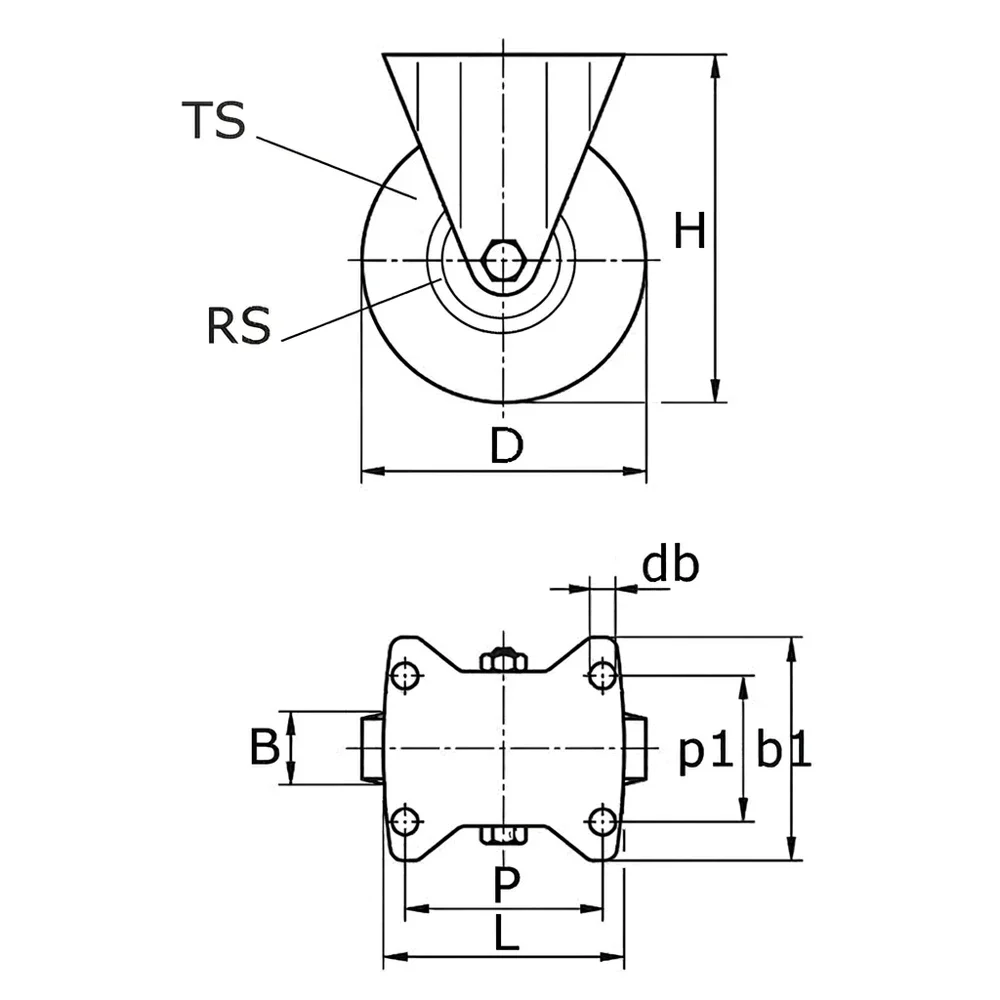 Plano de dimensiones Rueda de carretilla fija con placa superior