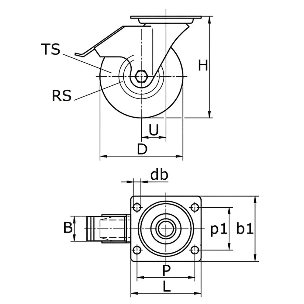 Plano de dimensiones Rueda de carretilla giratoria con freno con placa superior
