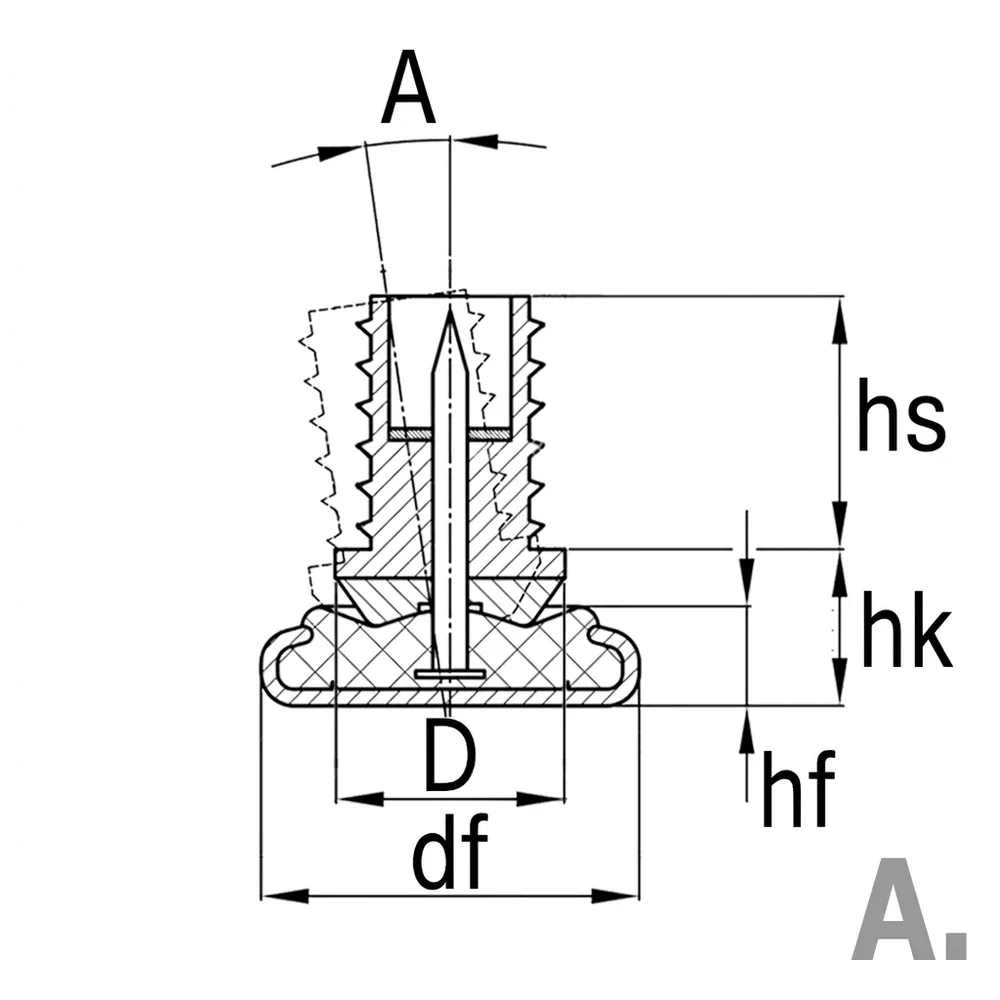 Plano de dimensiones Contera articulada flexible con base de PA