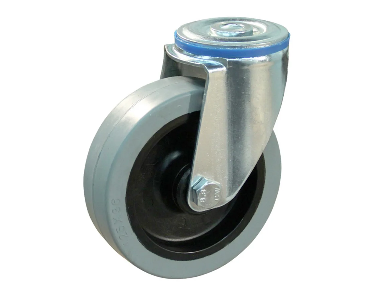Rueda de goma elástica giratoria con horquilla - Agujero central – Rueda de goma maciza - 450kg - horquillas de acero - llanta plástica