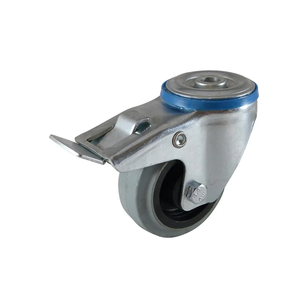 Rueda giratoria con freno PA Ø100mm - banda de rodadura azul Caucho / TPE - Rodamiento de rodillos - Agujero de perno Ø12.5mm - St - Acero imagen 3