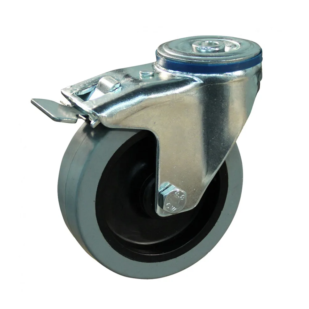 Rueda giratoria con freno PA Ø100mm - banda de rodadura azul Caucho / TPE - Rodamiento de rodillos - Agujero de perno Ø12.5mm - St - Acero