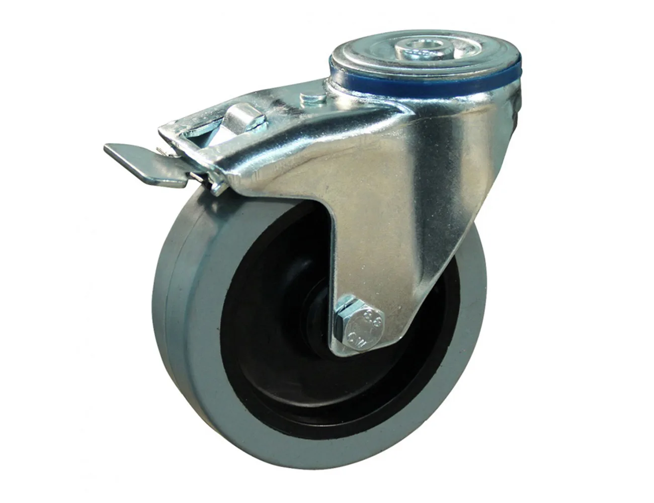 Rueda de goma maciza giratoria con freno con horquilla - Agujero central – Rueda de goma maciza - 450kg - horquillas de acero - llanta plástica