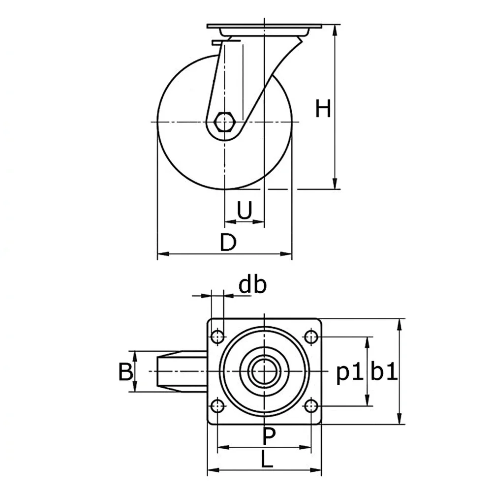 Plano acotado Rueda giratoria PA Ø125mm - banda de rodadura azul caucho - Rodamiento de rodillos - Fijación de placa 105x80mm - St - Acero