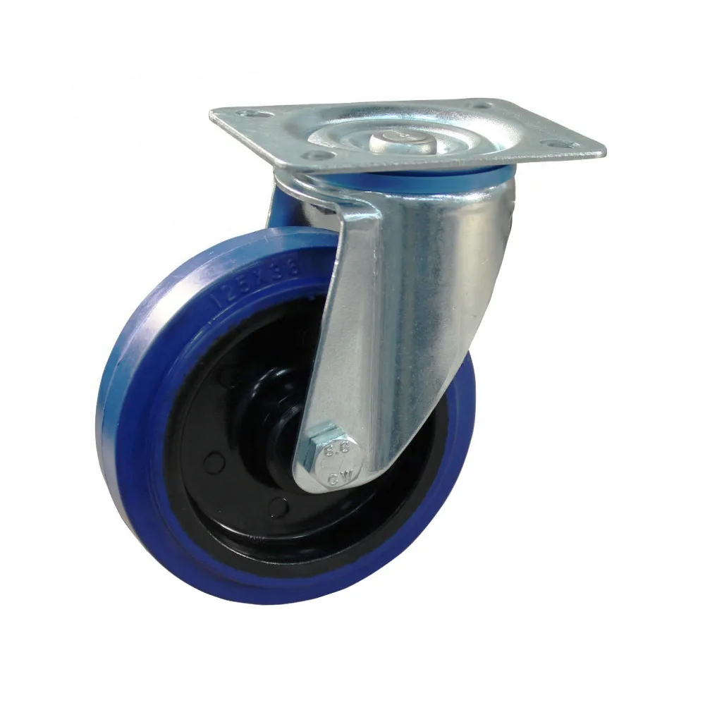 Rueda giratoria PA Ø125mm - banda de rodadura azul caucho - Rodamiento de rodillos - Fijación de placa 105x80mm - St - Acero imagen 3