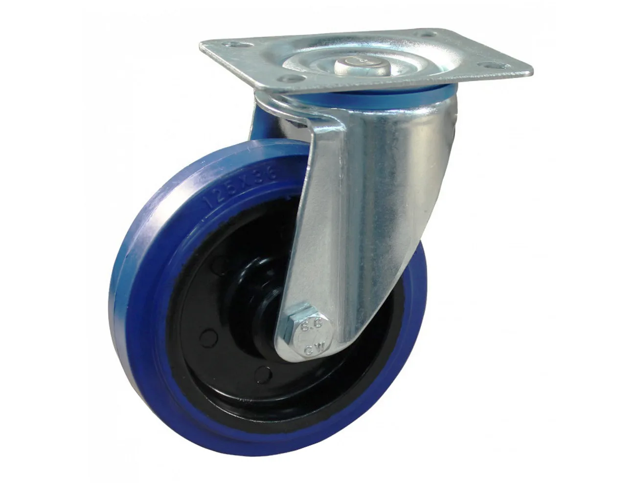 Rueda giratoria con placa superior - goma azul – Rueda azul - carga máx. 200kg - horquilla de acero