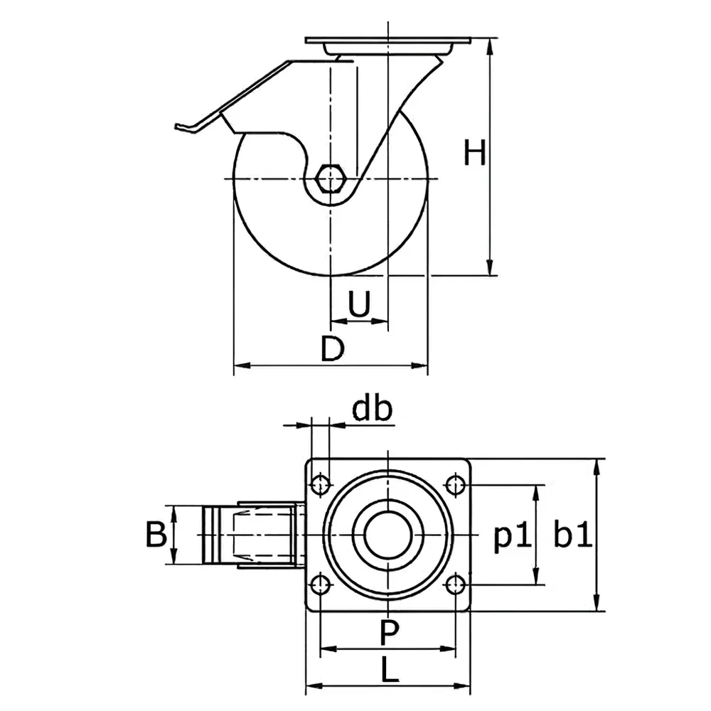 Plano de dimensiones Rueda giratoria con freno con placa superior - goma azul