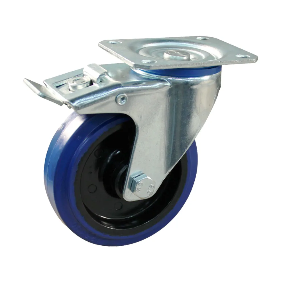 Rueda giratoria con freno con placa superior - goma azul