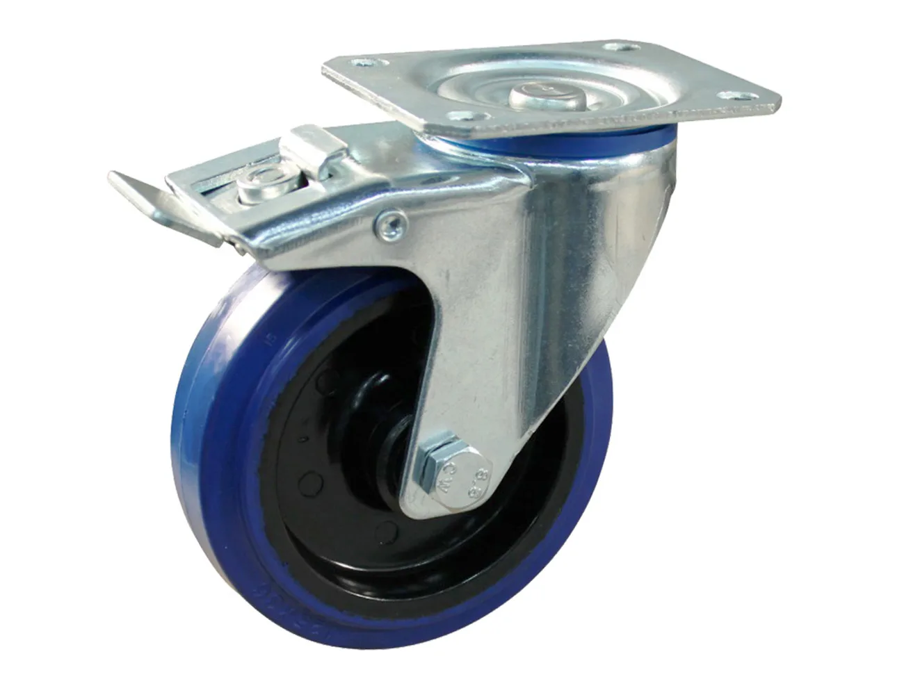 Rueda giratoria con freno con placa superior - goma azul – Rueda azul - carga máx. 200kg - horquilla de acero