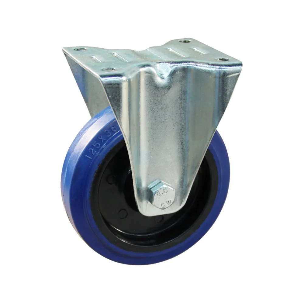 Rueda fija PA Ø100mm - banda de rodadura azul caucho - Fijación de placa 105x80mm - St - Acero