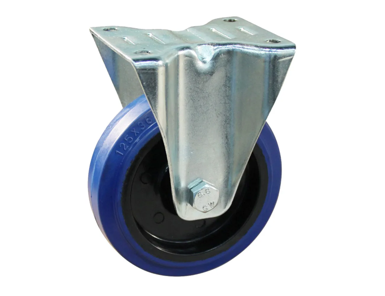 Rueda fija con placa superior - goma azul – Rueda azul - carga máx. 200kg - horquilla de acero