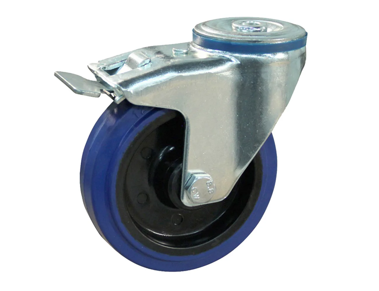 Rueda giratoria con freno - Agujero central - goma azul – Rueda azul - carga máx. 200kg - horquilla de acero