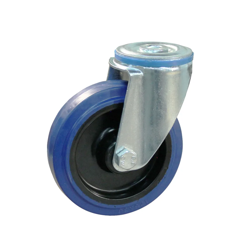 Rueda giratoria PA Ø125mm - banda de rodadura azul caucho - Rodamiento de rodillos - Agujero de perno Ø12mm - St - Acero